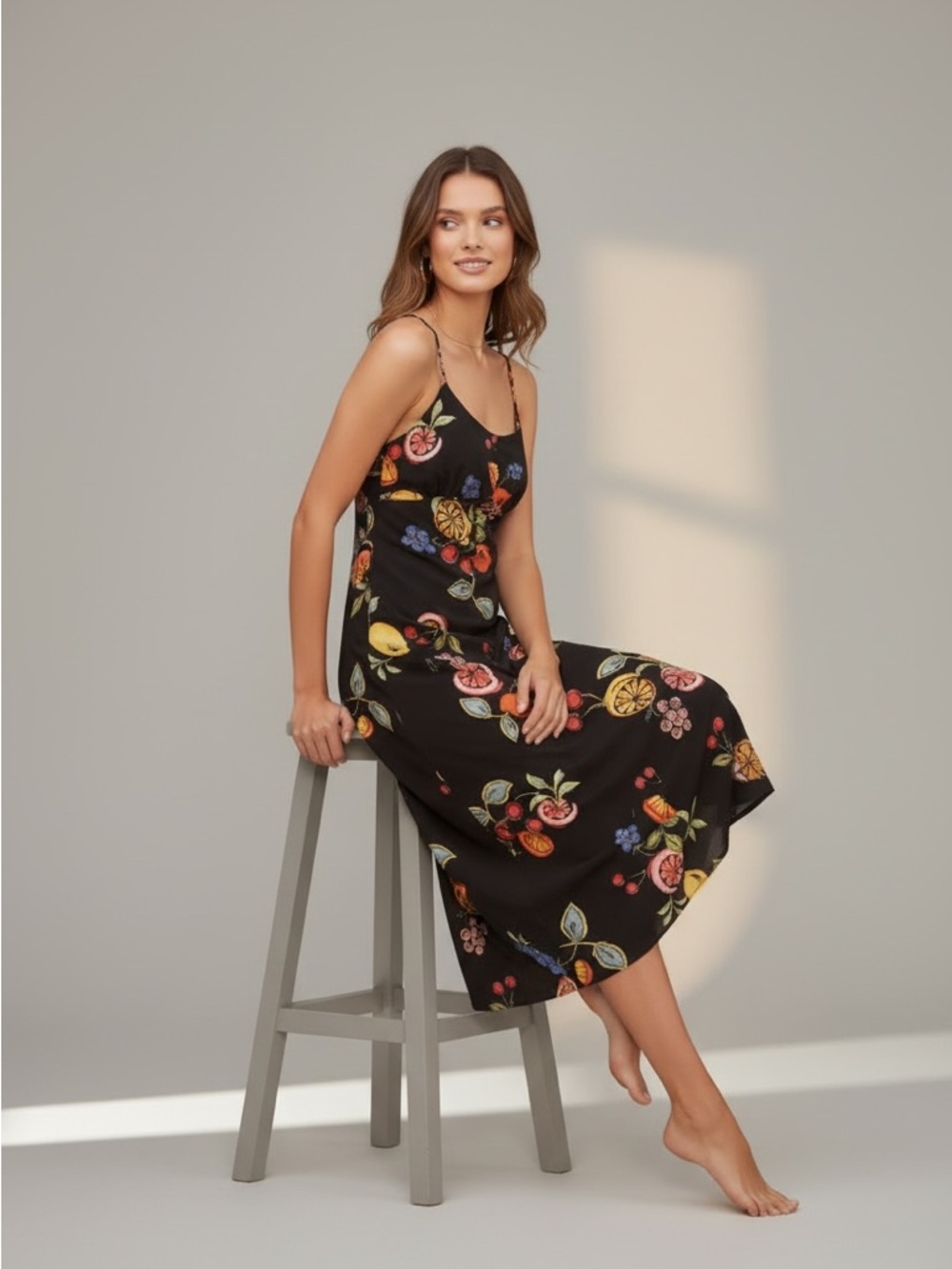 ❌ SOLD ❌Astr Black Floral & Citrus Slip Midi Dress - Picture 2 of 2